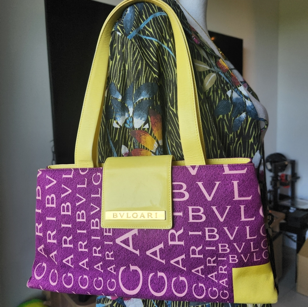 Bvlgari Logo Canvas & Leather Shoulder Bag Purple & Yellow Bulgari - Picture 15 of 16